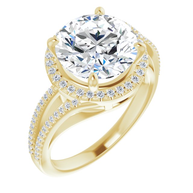 10K Yellow Gold Customizable Round Cut Vintage Design with Halo Style and Asymmetrical Split-Pavé Band