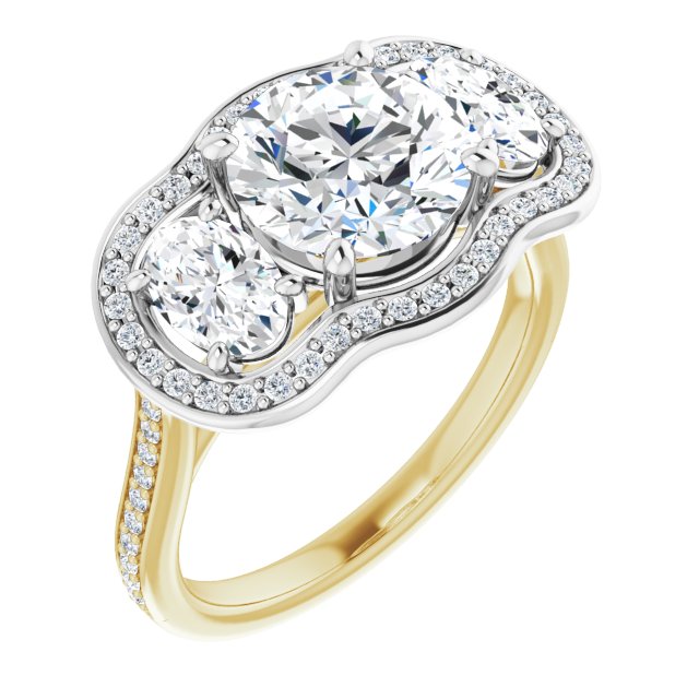 14K Yellow & White Gold Customizable Round Cut Style with Oval Cut Accents, 3-stone Halo & Thin Shared Prong Band