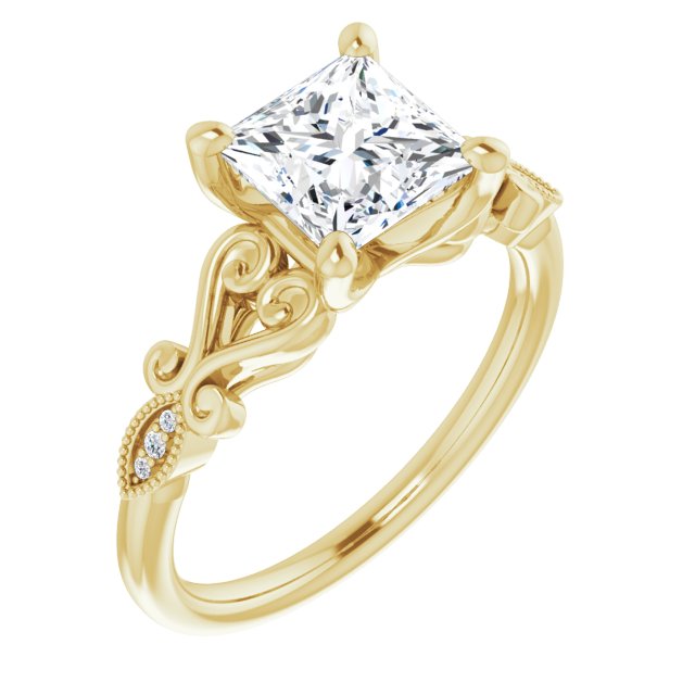 10K Yellow Gold Customizable 7-stone Design with Princess/Square Cut Center Plus Sculptural Band and Filigree