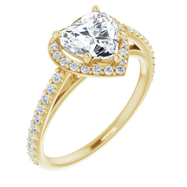 10K Yellow Gold Customizable Heart Cut Design with Halo and Thin Pavé Band