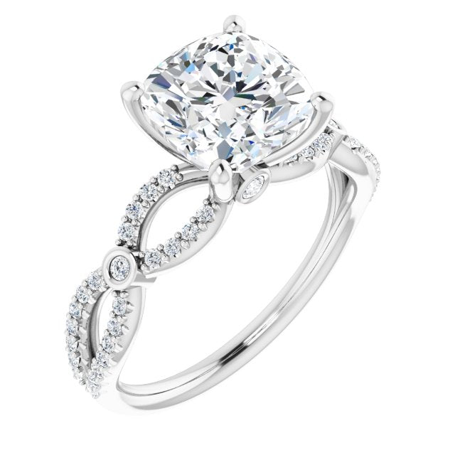 10K White Gold Customizable Cushion Cut Design with Infinity-inspired Split Pavé Band and Bezel Peekaboo Accents