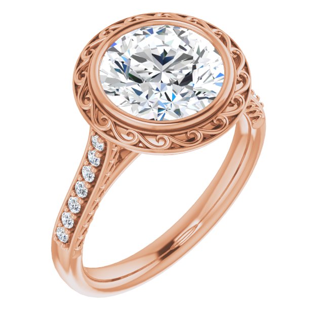 14K Rose Gold Customizable Cathedral-Bezel Round Cut Design featuring Accented Band with Filigree Inlay