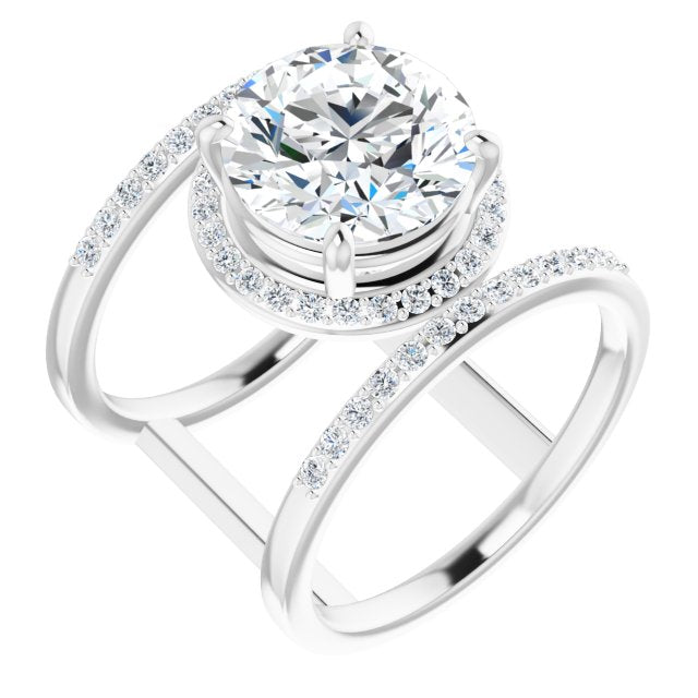 10K White Gold Customizable Round Cut Halo Design with Open, Ultrawide Harness Double Pavé Band