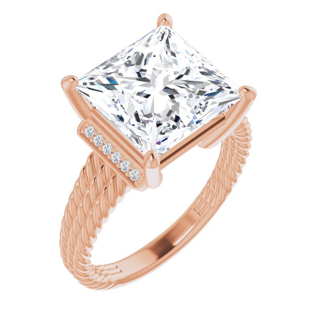 10K Rose Gold Customizable 11-stone Design featuring Princess/Square Cut Center, Vertical Round-Channel Accents & Wide Triple-Rope Band