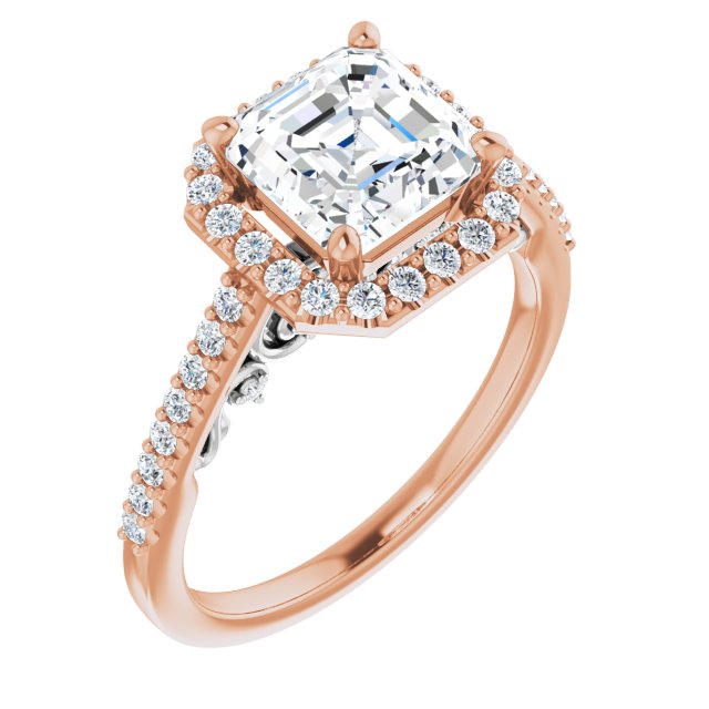 14K Rose & White Gold Customizable Cathedral-Halo Asscher Cut Design with Carved Metal Accent plus Pavé Band