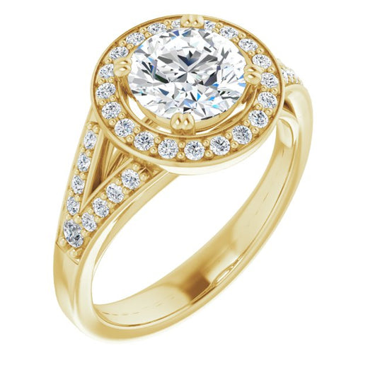 10K Yellow Gold Customizable Cathedral-set Round Cut Style with Accented Split Band and Halo