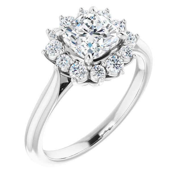 10K White Gold Customizable Crown-Cathedral Cushion Cut Design with Clustered Large-Accent Halo & Ultra-thin Band