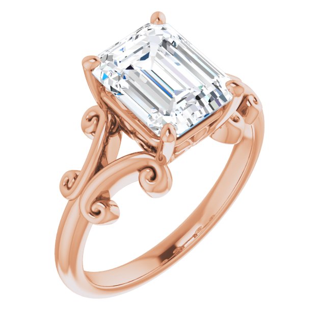 10K Rose Gold Customizable Emerald/Radiant Cut Solitaire with Band Flourish and Decorative Trellis