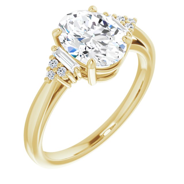 10K Yellow Gold Customizable 9-stone Design with Oval Cut Center, Side Baguettes and Tri-Cluster Round Accents