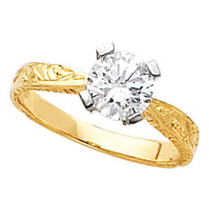 Cubic Zirconia Engagement Ring- The Iris (Round 1.0 CT Solitaire with Hand-Engraved Band and Two-Tone Gold Accents)