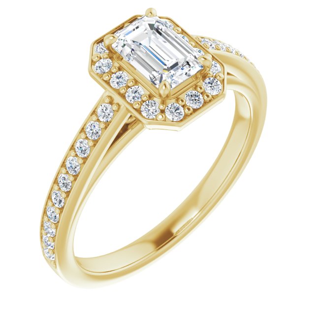 10K Yellow Gold Customizable Emerald/Radiant Cut Style with Halo and Sculptural Trellis