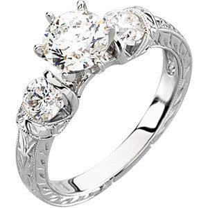 Cubic Zirconia Engagement Ring- The Deanna (Customizable Semi-Solitaire with Leafy-inscribed Band)