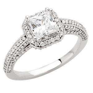 Cubic Zirconia Engagement Ring- The Erika (Princess or Asscher Cut Halo-Style with Pave Band and Peekaboos)