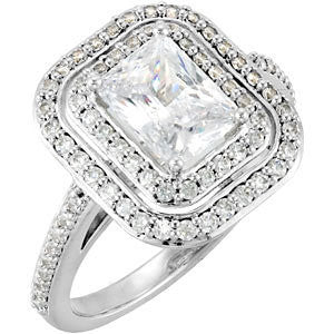 Cubic Zirconia Engagement Ring- The Jessica Mary (Emerald-Cut with Double Halo and Pave Band)