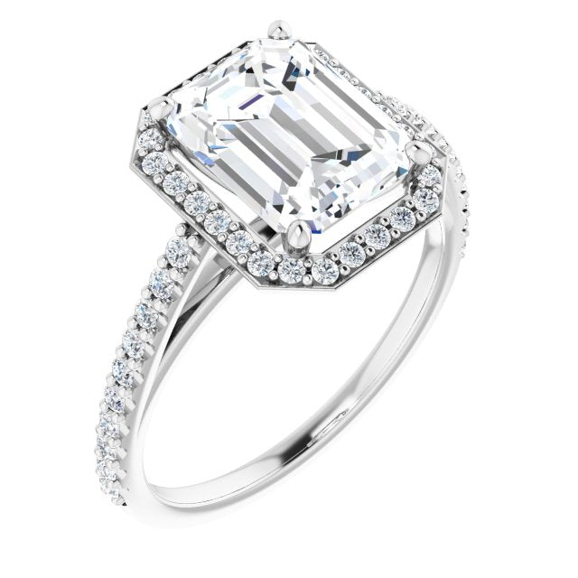 10K White Gold Customizable Emerald/Radiant Cut Design with Halo and Thin Pavé Band