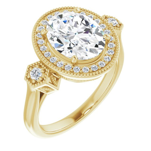 10K Yellow Gold Customizable Cathedral Oval Cut Design with Halo and Delicate Milgrain