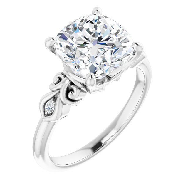 10K White Gold Customizable 3-stone Cushion Cut Design with Small Round Accents and Filigree