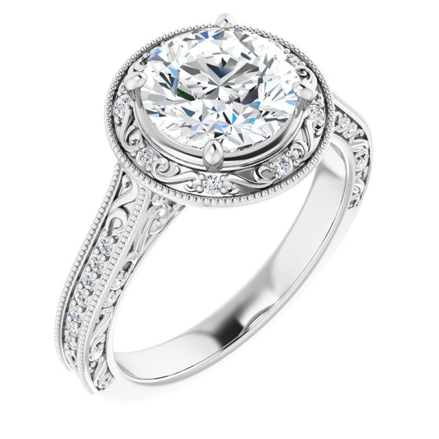 10K White Gold Customizable Vintage Artisan Round Cut Design with 3-Sided Filigree and Side Inlay Accent Enhancements