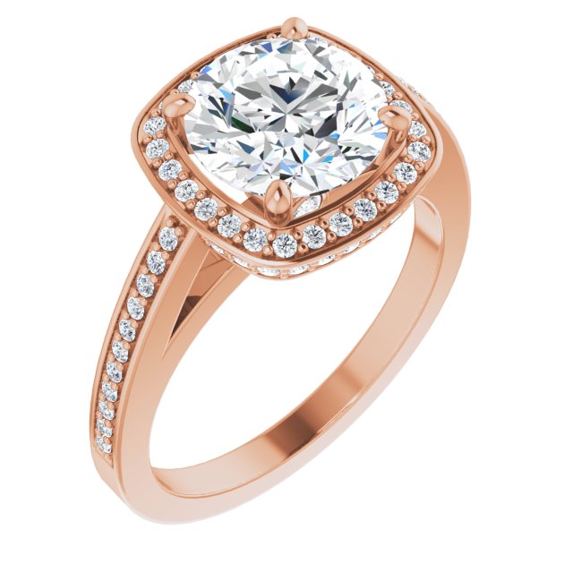 14K Rose Gold Customizable Cathedral-set Round Cut Design with Halo, Thin Pavé Band & Round-Bezel Peekaboos