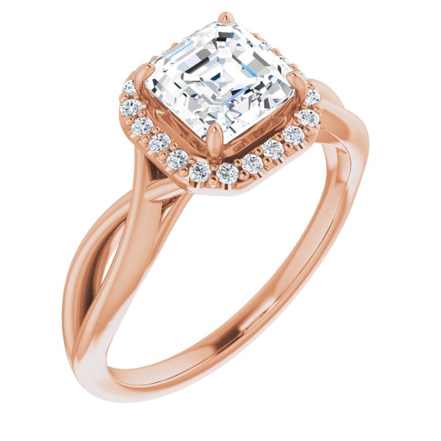 10K Rose Gold Customizable Cathedral-Halo Asscher Cut Design with Twisting Split Band