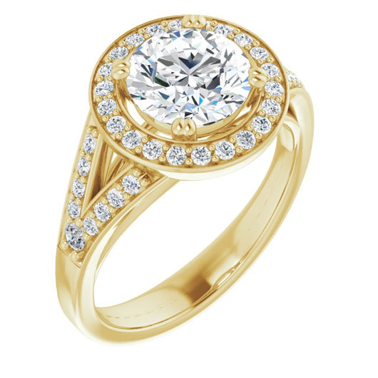 10K Yellow Gold Customizable Cathedral-set Round Cut Style with Accented Split Band and Halo