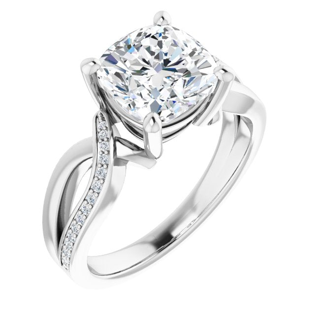 10K White Gold Customizable Cushion Cut Center with Curving Split-Band featuring One Shared Prong Leg
