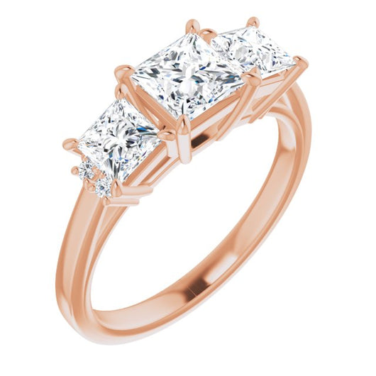 10K Rose Gold Customizable Triple Princess/Square Cut Design with Quad Vertical-Oriented Round Accents