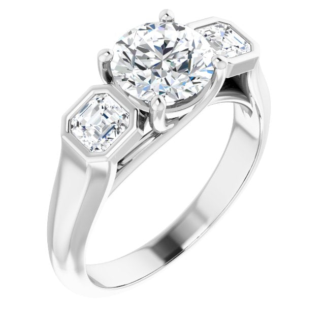 Platinum Customizable 3-stone Cathedral Round Cut Design with Twin Asscher Cut Side Stones