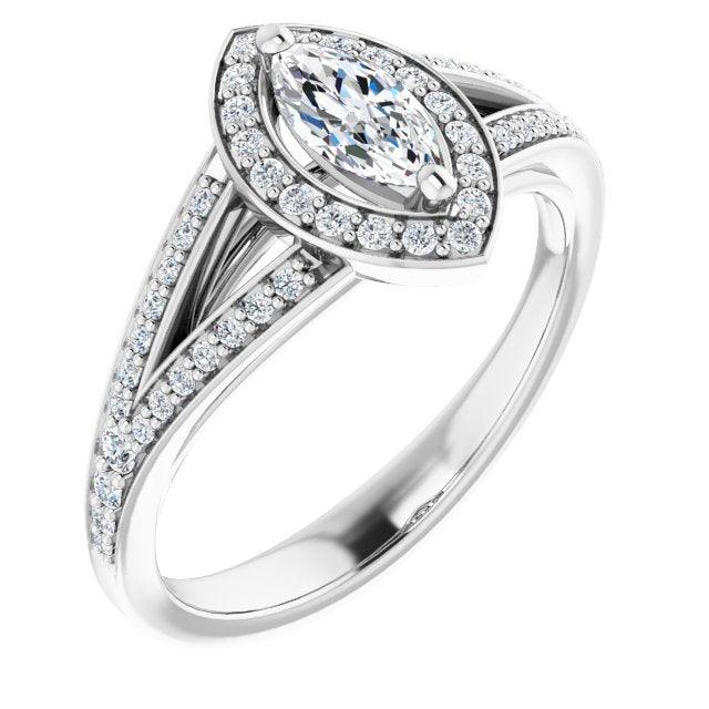 10K White Gold Customizable Cathedral-Halo Marquise Cut Style featuring Split-Shared Prong Band
