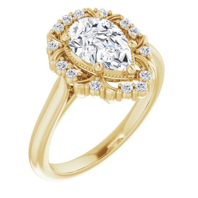 10K Yellow Gold Customizable Pear Cut Design with Majestic Crown Halo and Raised Illusion Setting