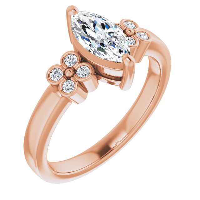 10K Rose Gold Customizable 9-stone Design with Marquise Cut Center and Complementary Quad Bezel-Accent Sets