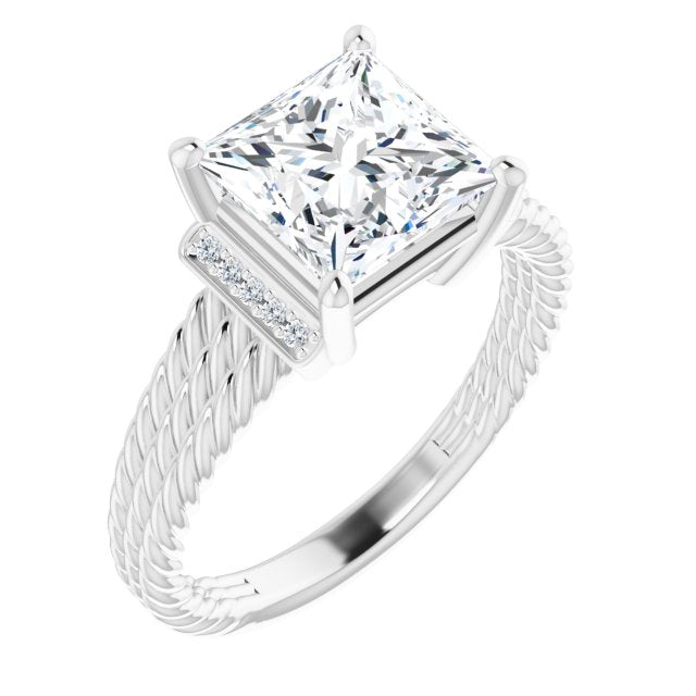 Cubic Zirconia Engagement Ring- The Junio (Customizable 11-stone Design featuring Princess/Square Cut Center, Vertical Round-Channel Accents & Wide Triple-Rope Band)