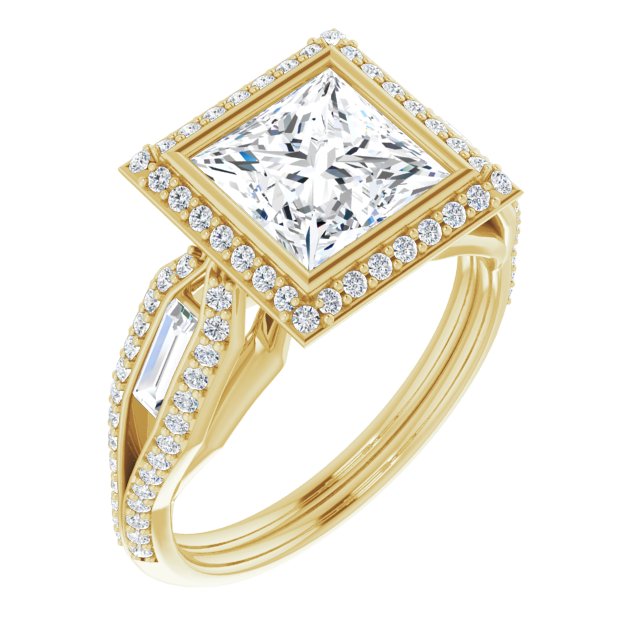 10K Yellow Gold Customizable Cathedral-Bezel Princess/Square Cut Design with Halo, Split-Pavé Band & Channel Baguettes