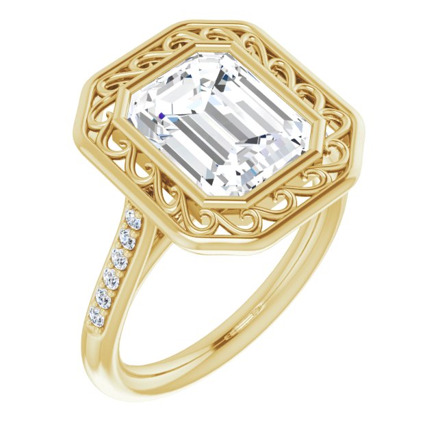 10K Yellow Gold Customizable Cathedral-Bezel Emerald/Radiant Cut Design with Floral Filigree and Thin Shared Prong Band