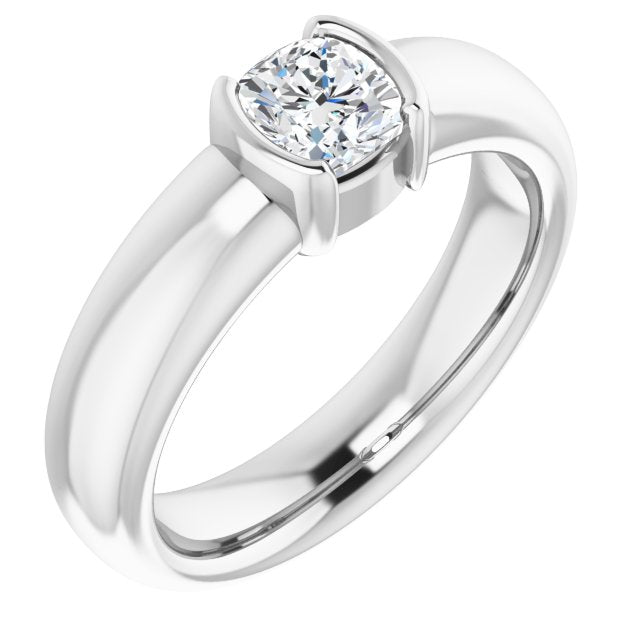 10K White Gold Customizable Bezel-set Cushion Cut Solitaire with Thick Band