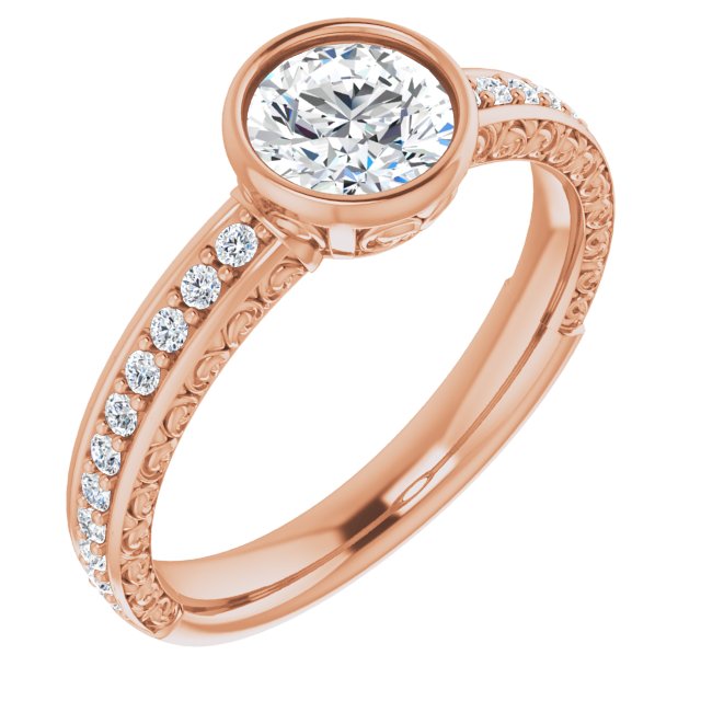 10K Rose Gold Customizable Bezel-set Round Cut Design with Cloud-pattern Band & Semi-Eternity Accents