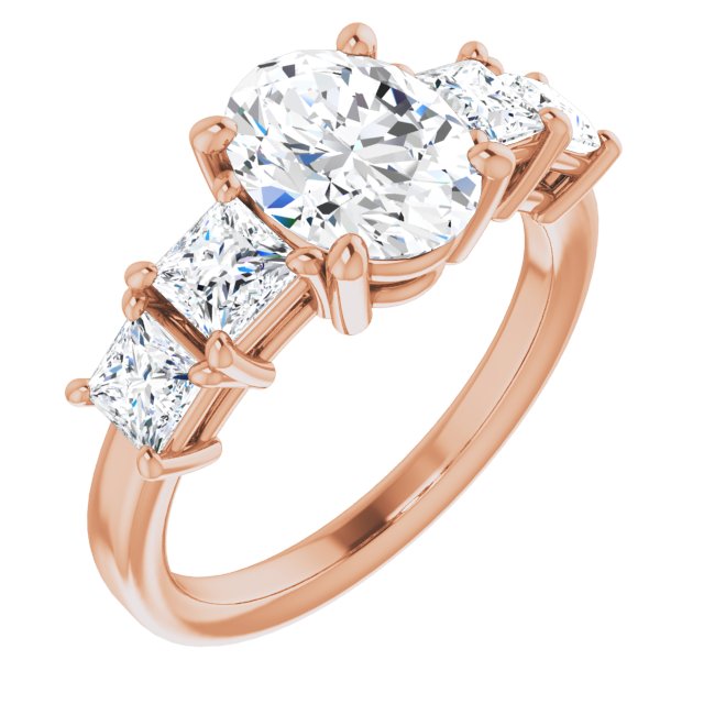 10K Rose Gold Customizable 5-stone Oval Cut Style with Quad Princess-Cut Accents