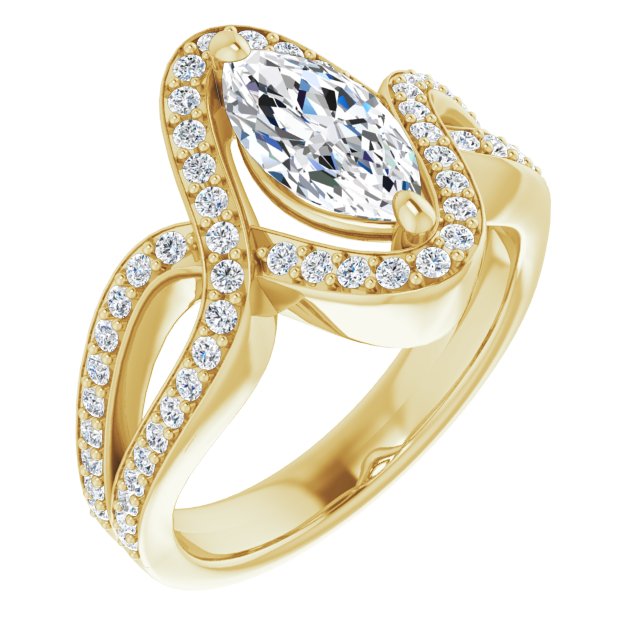 10K Yellow Gold Customizable Marquise Cut Center with Infinity-inspired Split Shared Prong Band and Bypass Halo