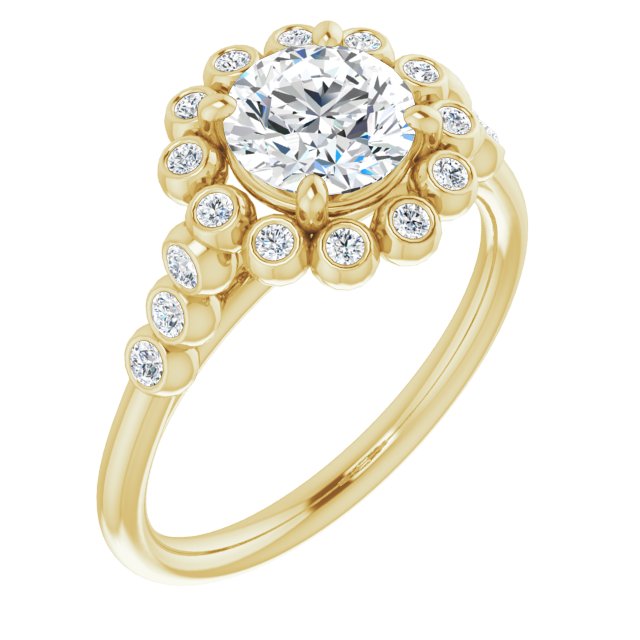 10K Yellow Gold Customizable Round Cut Cathedral-Style Clustered Halo Design with Round Bezel Accents