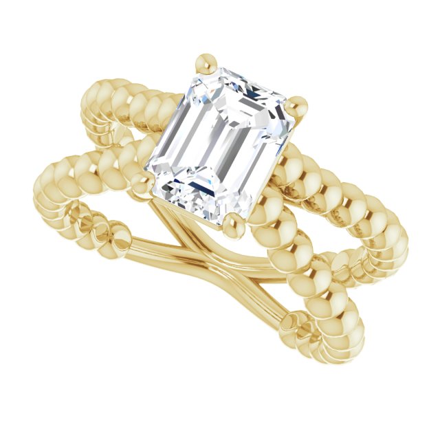 Cubic Zirconia Engagement Ring- The Isabella Noa (Customizable Emerald Cut Solitaire with Wide Beaded Split-Band)