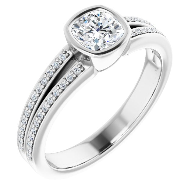 10K White Gold Customizable Bezel-set Cushion Cut Design with Split Shared Prong Band