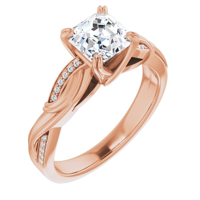 10K Rose Gold Customizable Cathedral-raised Asscher Cut Design featuring Rope-Braided Half-Pavé Band