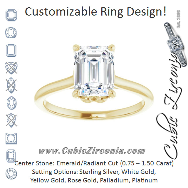 Cubic Zirconia Engagement Ring- The Josepha (Customizable Cathedral-style Emerald Cut Solitaire with Decorative Heart Prong Basket)