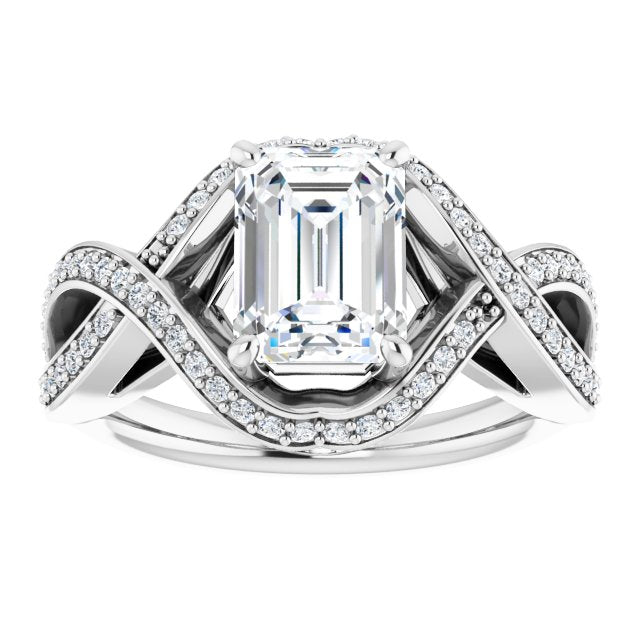 Cubic Zirconia Engagement Ring- The Gwenyth (Customizable Emerald Cut Design with Twisting, Infinity-Shared Prong Split Band and Bypass Semi-Halo)