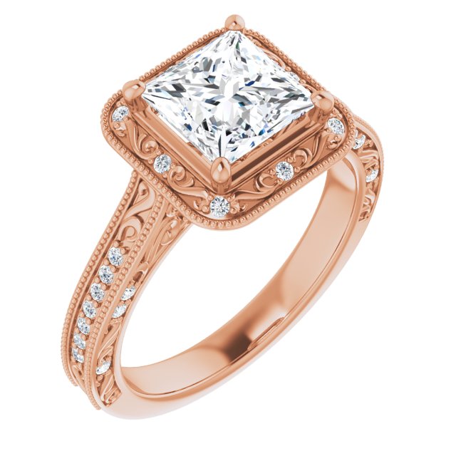 10K Rose Gold Customizable Vintage Artisan Princess/Square Cut Design with 3-Sided Filigree and Side Inlay Accent Enhancements