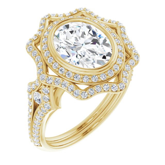 10K Yellow Gold Customizable Oval Cut Style with Ultra-wide Pavé Split-Band and Nature-Inspired Double Halo