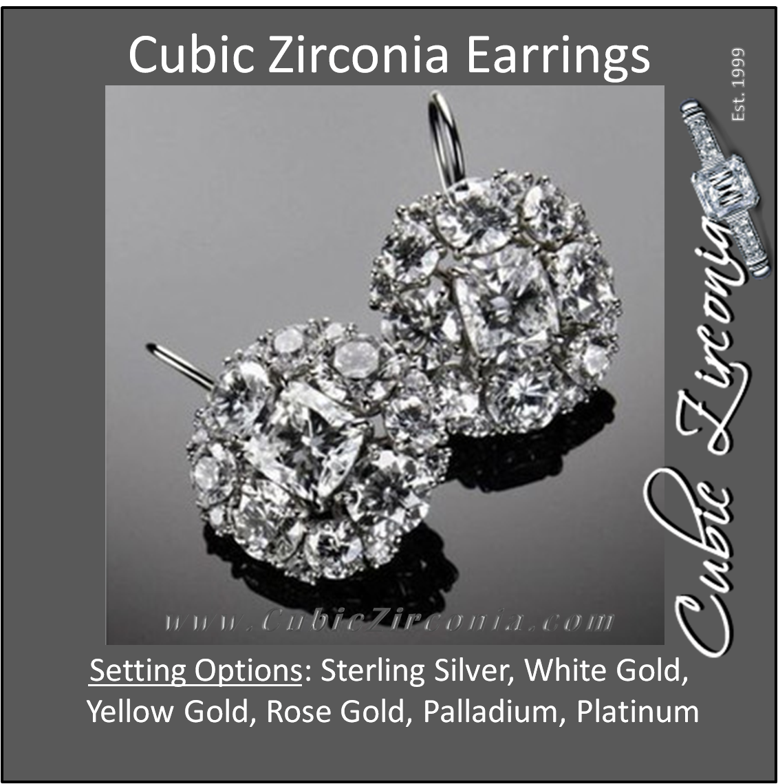 Cubic Zirconia Earrings- Celebrity Replica Cushion Center with Round Halo Cluster Dangle Earring Set
