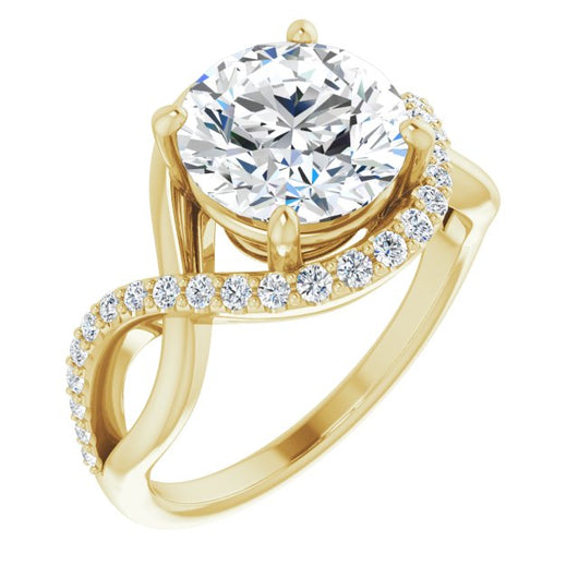 18K Yellow Gold Customizable Round Cut Design with Semi-Accented Twisting Infinity Bypass Split Band and Half-Halo