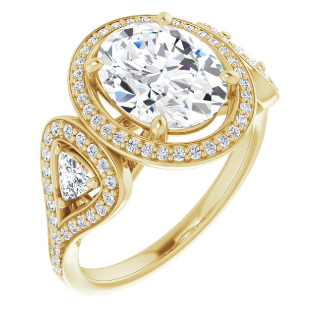 10K Yellow Gold Customizable Cathedral-set Oval Cut Design with 2 Trillion Cut Accents, Halo and Split-Shared Prong Band