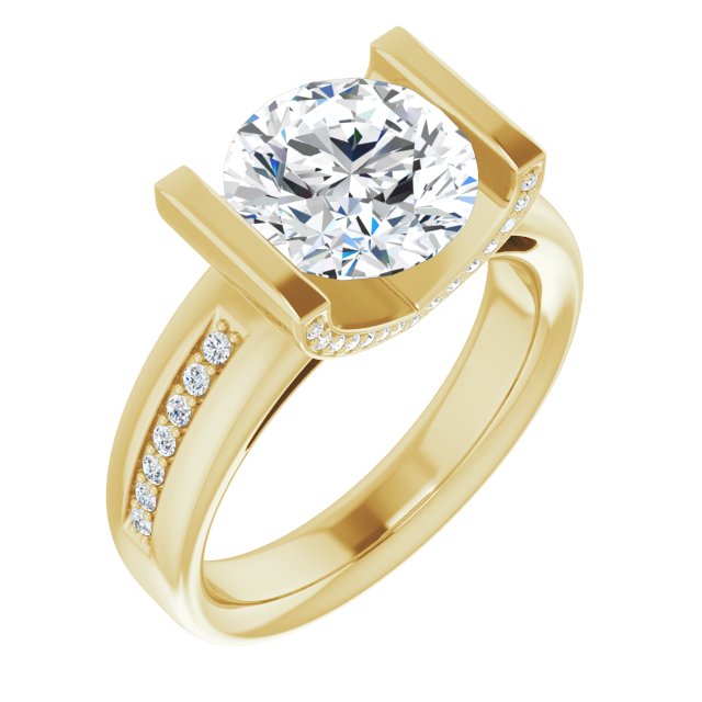 14K Yellow Gold Customizable Cathedral-Bar Round Cut Design featuring Shared Prong Band and Prong Accents